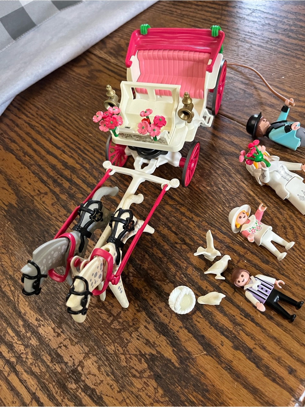Vintage Playmobil Victorian Wedding Carriage Toy with Figures - Pink & White